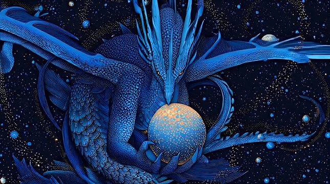 Majestic blue dragon cradles glowing celestial orbs in cosmic starry expanse