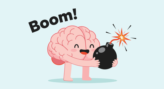 A cheerful cartoon brain character happily hugs an exploding bomb, with "Boom!" text, symbolizing a sudden brilliant idea, insight, or creative breakthrough against a blue background.