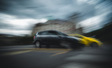 Obraz premium Fast-Moving Cars Create A Blur On City Streets Rush Hour, Urban Life In Motion