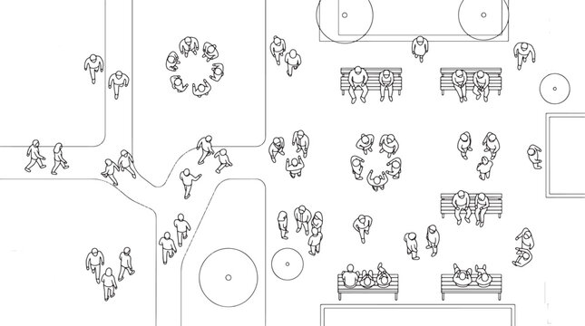 Top view architectural plan drawing of people walking and sitting in a public park urban plaza