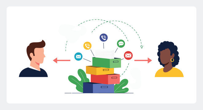 Diverse individuals exchanging data and information, with file folders at the center, symbolizing efficient document management, communication, and data sharing.