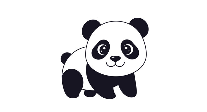 An adorable cartoon baby panda with big eyes and a gentle smile, walking on all fours, symbolizing cuteness, innocence, and wildlife charm.
