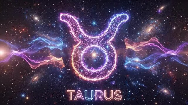Glowing neon Taurus zodiac symbol with colorful cosmic lights against a starry galaxy background. The text TAURUS is written below in neon letters