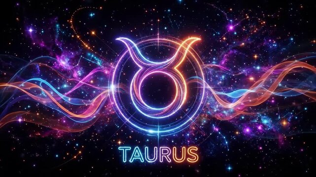 Neon glowing Taurus zodiac symbol with English text on a cosmic starry background. Colorful flowing light waves and abstract digital art