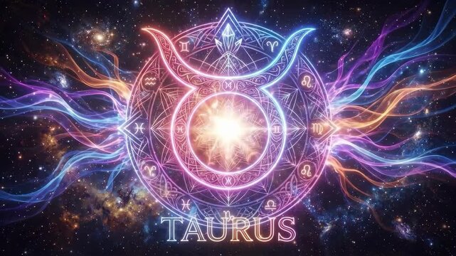 Glowing neon zodiac wheel with the text TAURUS against a cosmic starry background. Mystical mandala design featuring astrological symbols and colorful light trails