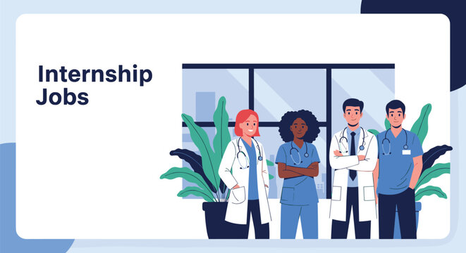 "Internship Jobs" text alongside a diverse group of medical interns or students in hospital attire, symbolizing career opportunities.