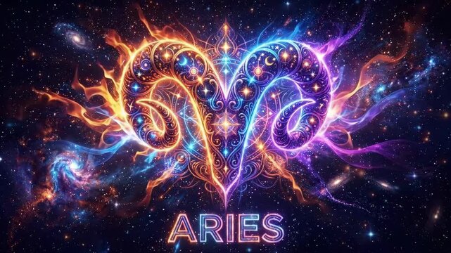 Vibrant cosmic Aries zodiac sign symbol with glowing neon horns and swirling nebula energy against a starry space background