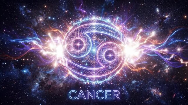 Glowing neon symbol of the Cancer zodiac sign set against a cosmic starry background with nebulae and vibrant spiritual energy. Mystical celestial magic and abstract art