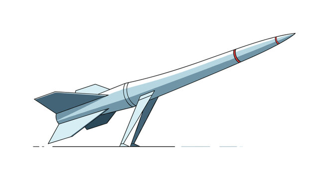 Modern aerodynamic missile or rocket on a launch support stand ready for flight against a clear white background in a clean graphic style.