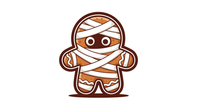 Adorable gingerbread man character wrapped in white mummy bandages for a spooky and fun Halloween themed treat against a white background.