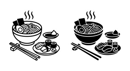 Japanese Ramen and Sushi Icons, Vector Set. Asian Food Illustration, Hot Noodle Soup and Maki Rolls, Chopsticks and Soy Sauce Dish. © Rakibul