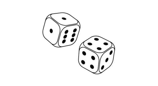 Pair of white gambling dice with black pips showing different numbers thrown together on a plain white surface.