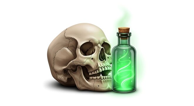 Human skull and a glass bottle with glowing green magic potion isolated on white background