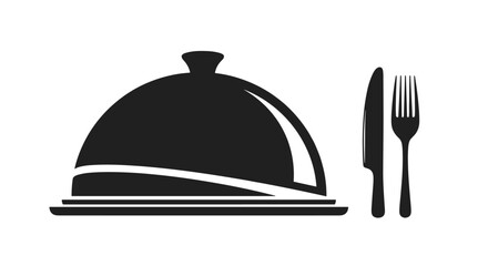 Fototapeta premium Black silhouette of a serving platter with a dome cloche cover, a knife, and a fork for fine dining restaurant themes.