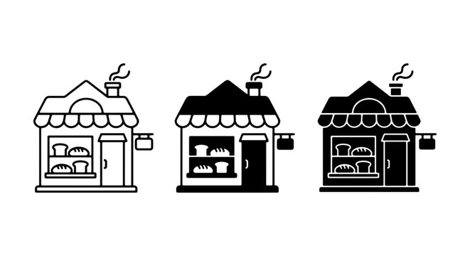 Bakery Shop Icons, Commercial Building Vector Graphics, Sweet Treats Storefront Illustrations, Food Business Facade Set