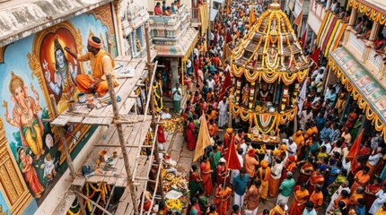 Fototapeta premium Colorful hindu temple festival with decorated chariot procession and large crowd for cultural celebration street scene and traditional ceremony background