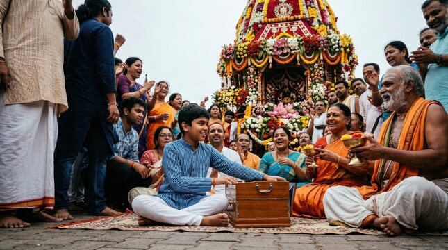Religious festival chariot procession with boy playing harmonium among devotees and priests for banner and background design