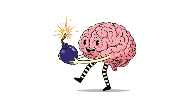 Humorous cartoon brain character with expressive face and striped legs, enthusiastically holding a lit bomb, symbolizing powerful ideas, creativity, or mental explosion.