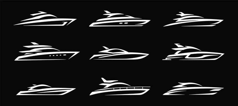 Set of luxury yacht and motor boat silhouettes in white line art on black background set.