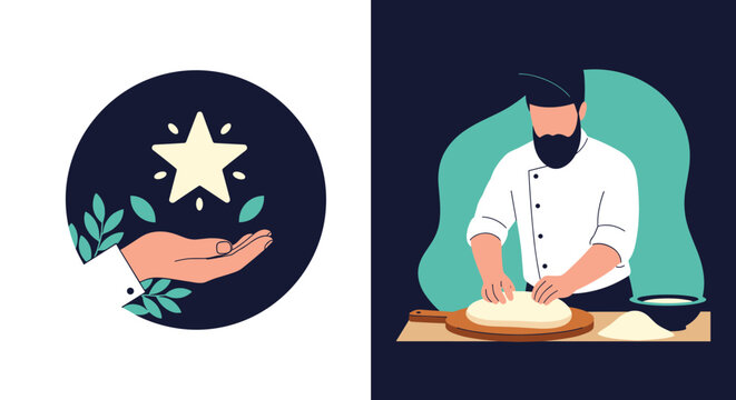 Two distinct images: one showing a hand gently holding a glowing star surrounded by leaves, and another of a bearded baker enthusiastically kneading dough, symbolizing quality and craftsmanship.