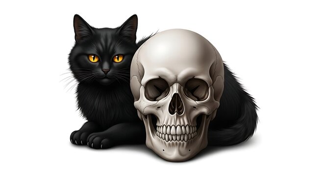 A black cat sitting next to a human skull isolated on white background