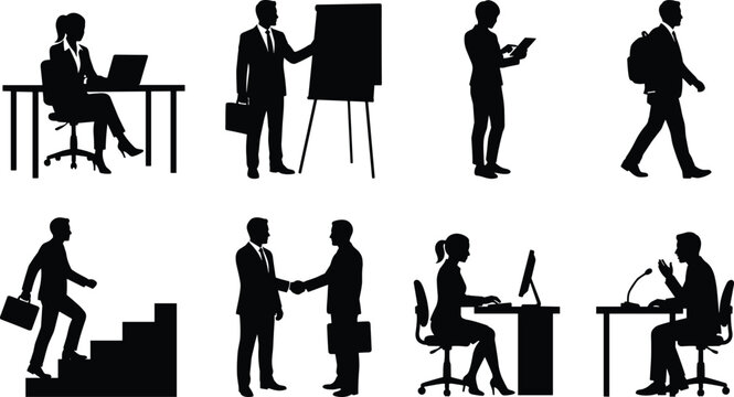 Business People Silhouettes Set of Corporate Workers and Office Activities Isolated on White Background