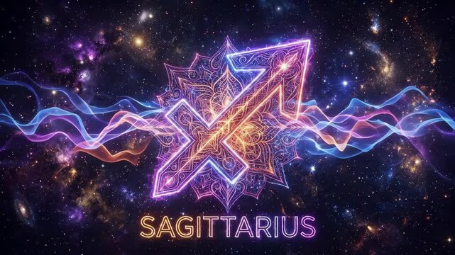 Colorful neon Sagittarius zodiac symbol with intricate mandala patterns and flowing light trails on a cosmic galaxy background