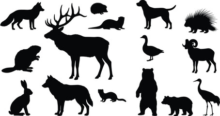 Fototapeta premium Collection of Wild and Domestic Animal Silhouettes Isolated on a Plain White Background