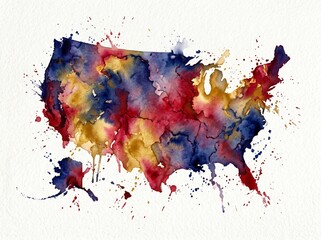 Fototapeta premium Vibrant, colorful USA map, watercolor style, abstract America illustration, patriotic artwork