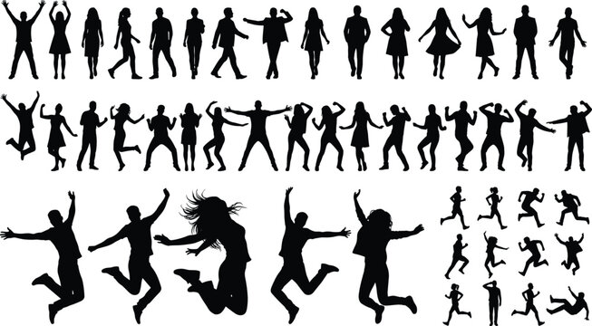 Large collection of active people silhouettes featuring jumping running dancing and walking figures