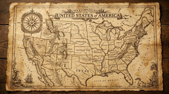 Vintage, antique map, United States of America, classic illustration