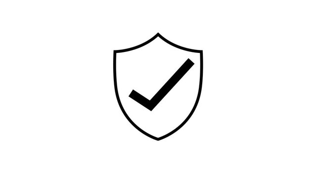 Animated black shield icon with a check mark inside symbolizing security and approval on a white background with subtle motion and smooth transition effect, perfect for technology and safety concept.