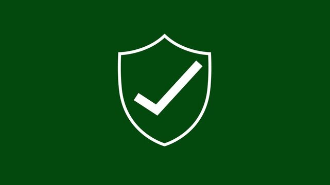 Animated black shield icon with a checkmark inside, symbolizing security and approval on a green background with subtle motion and smooth transition effect, perfect for technology and safety concept.
