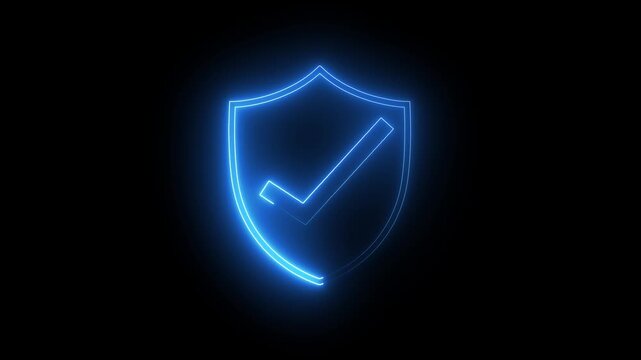 abstract glowing Neon blue shield tick mark icon animation on black background.