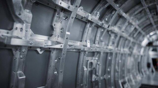 Medium shot capturing aerospace interior structural stiffeners featuring tightly controlled extrusions emphasizing durability and advanced manufacturing techniques.