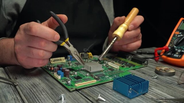Technician repairing electronic circuit board with soldering iron and pliers, visible components and tools on wooden workbench in indoor workshop setting
