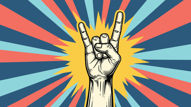 Hand making the rock on or devil horns gesture with fingers raised against a retro colorful sunburst background.