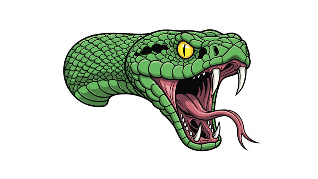 Fierce green viper snake head illustration shows open jaws with sharp fangs and a flickering tongue for aggressive design.