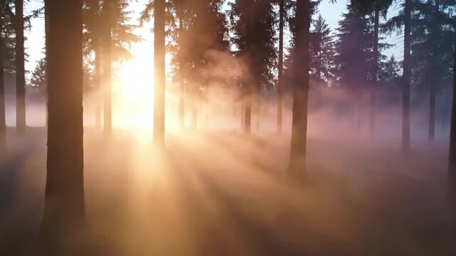 Sun rays piercing through dense fog in a coniferous forest at sunrise, highlighting silhouetted tree trunks and creating a soft, hazy atmospheric woodland landscape background.
