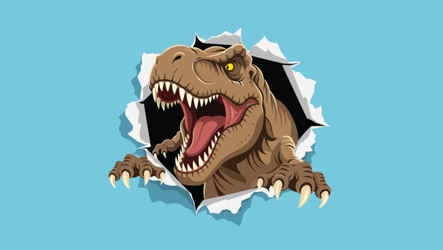 Terrifying t-rex dinosaur head with sharp teeth bursts through a ripped paper hole for an impactful design effect.