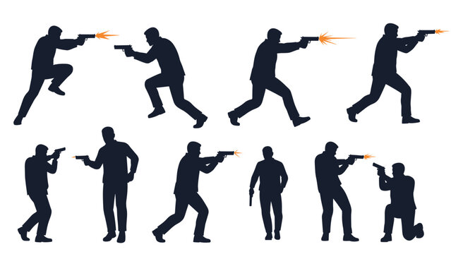 Collection of black silhouettes shows men in various active poses shooting handguns with bright muzzle flashes.