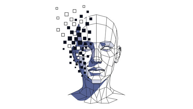 Low poly 3d model of a human head features square pixels or cubes breaking away from one side for digital art.