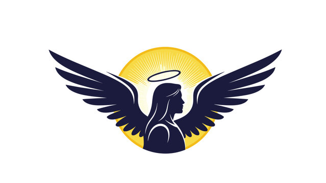 Graphic silhouette of a winged angel with a halo standing in front of a bright glowing sun with radiating light rays on a white background.