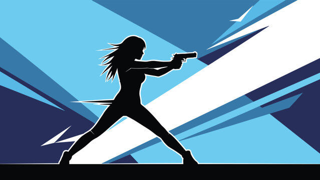 Dynamic silhouette of a woman aiming a handgun with a sharp geometric background in shades of blue suggesting speed and action in a comic style.
