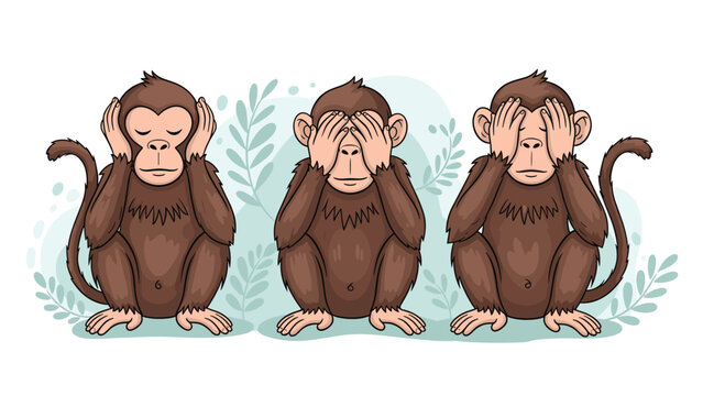 Three cute brown monkeys sitting in a row depicting the hear no evil and see no evil concepts with green leaves background.
