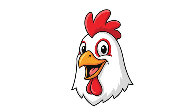 Cheerful cartoon rooster head mascot with a happy smiling expression and large red comb on white background.