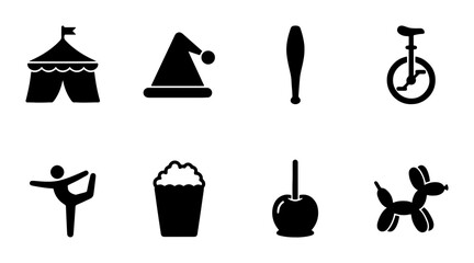 Circus icon set tent, hat, bat, unicycle, acrobat, popcorn, candy apple, balloon dog outline, solid styles, white background © pixpond