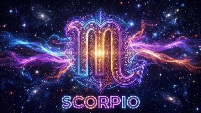 Vibrant neon Scorpio zodiac symbol against a cosmic galaxy background with intricate golden patterns and flowing colorful light trails. The word scorpio glows at the bottom