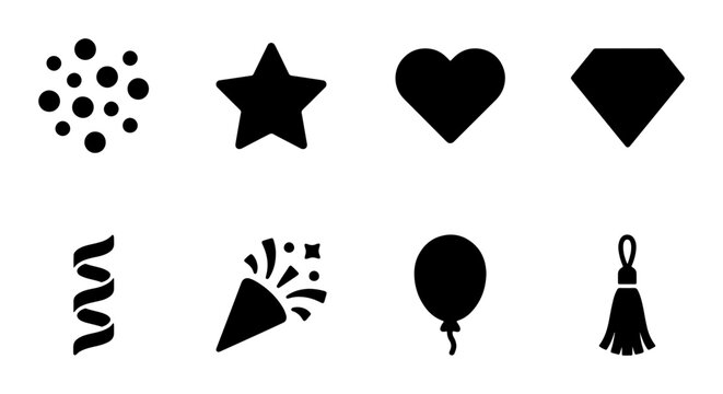 Celebration icon set confetti, star, heart, diamond, balloon, tassel outline, solid styles, white background