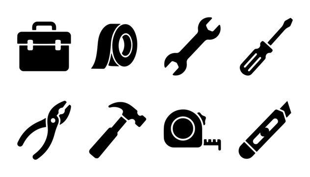 Tools icon set toolbox, tape, wrench, screwdriver, pliers, hammer, ruler, cutter outline, solid and color styles, white background